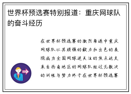 世界杯预选赛特别报道：重庆网球队的奋斗经历