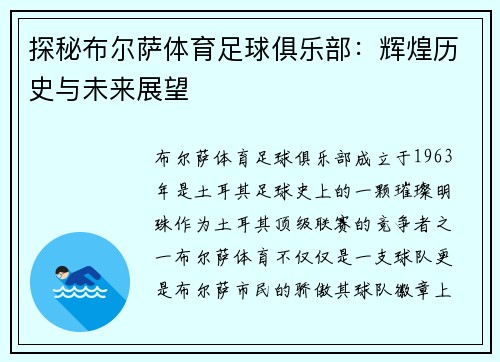 探秘布尔萨体育足球俱乐部：辉煌历史与未来展望