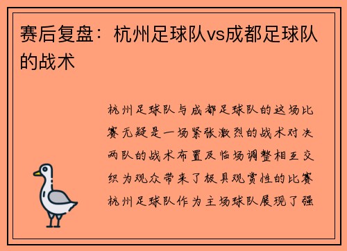 赛后复盘：杭州足球队vs成都足球队的战术