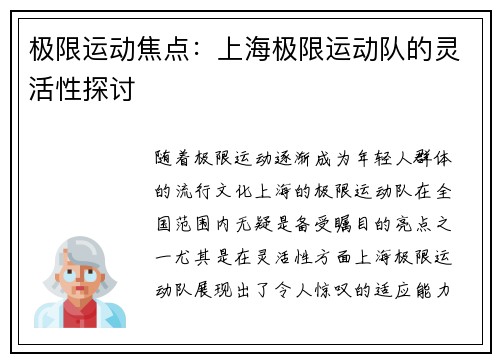 极限运动焦点：上海极限运动队的灵活性探讨