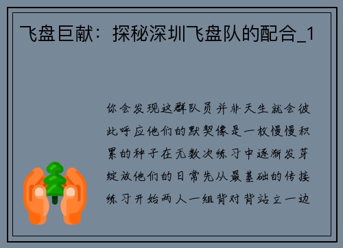 飞盘巨献：探秘深圳飞盘队的配合_1